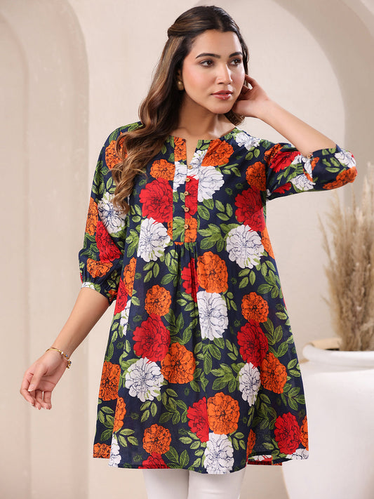 Janasya Bright Cotton Floral A-Line Tunic | Swadesiicart