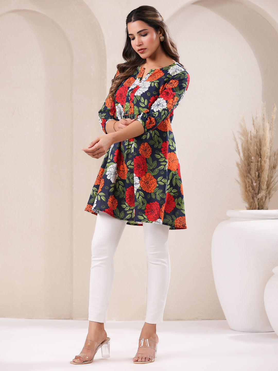 Janasya Bright Cotton Floral A-Line Tunic | Swadesiicart