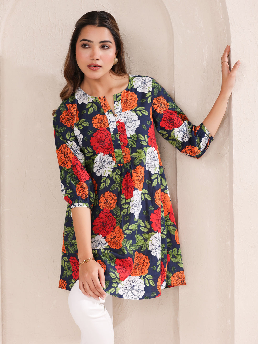 Janasya Bright Cotton Floral A-Line Tunic | Swadesiicart