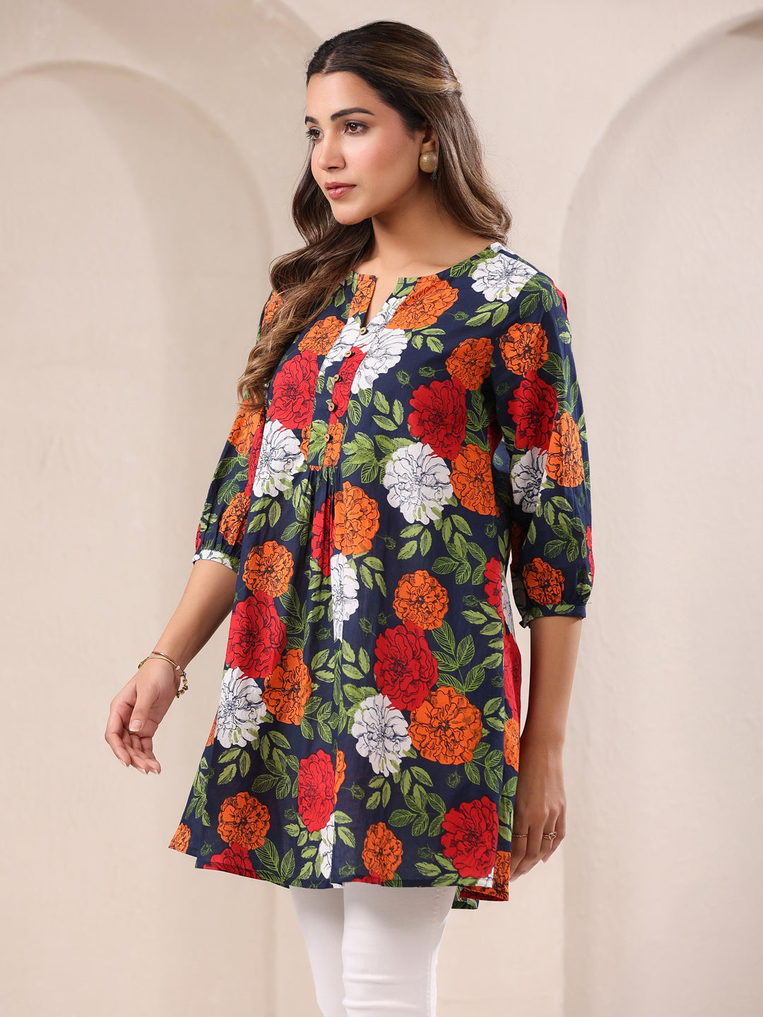 Janasya Bright Cotton Floral A-Line Tunic | Swadesiicart