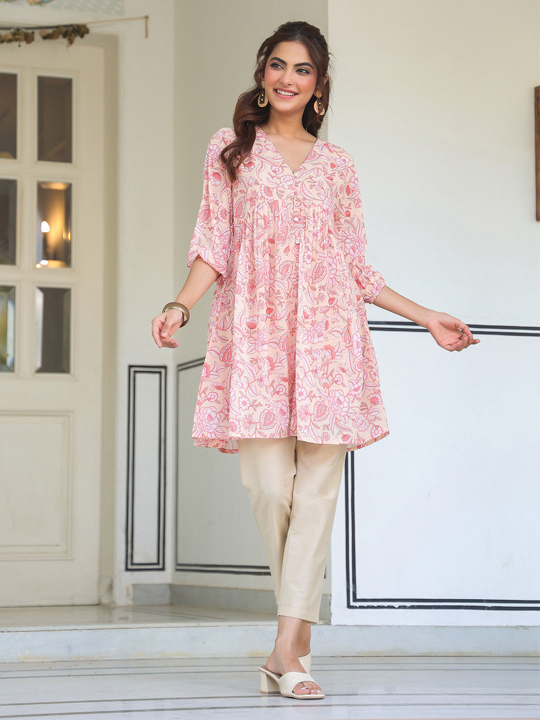 Janasya Light Georgette Floral Gathering Tunic | Swadesiicart