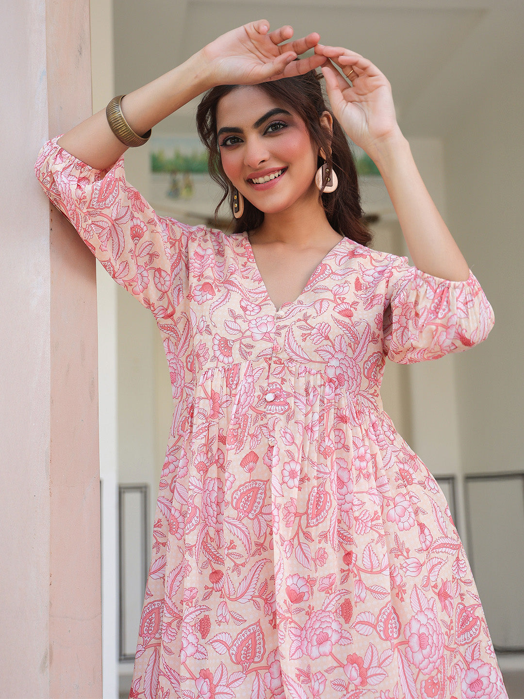 Janasya Light Georgette Floral Gathering Tunic | Swadesiicart