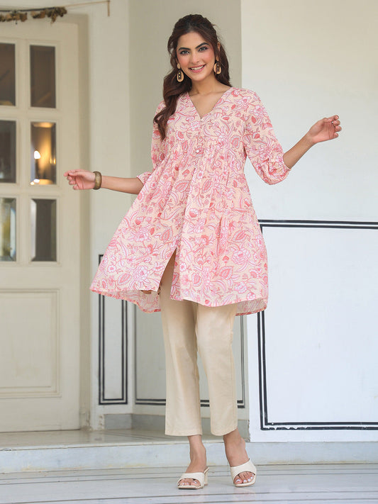 Janasya Light Georgette Floral Gathering Tunic | Swadesiicart