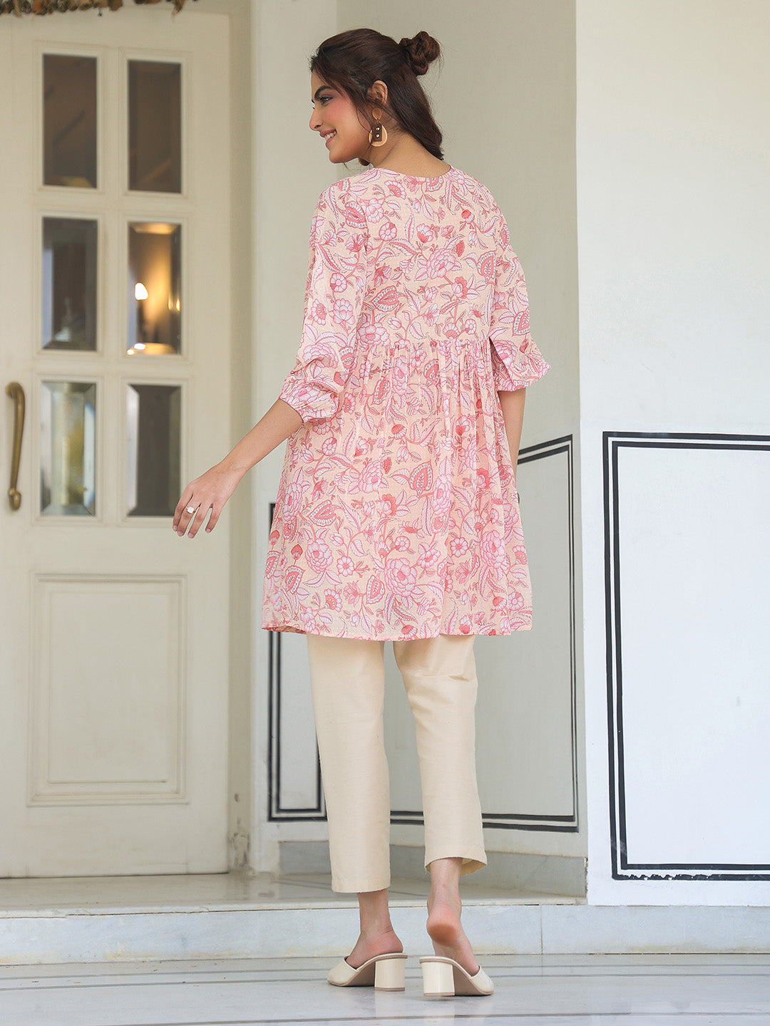 Janasya Light Georgette Floral Gathering Tunic | Swadesiicart