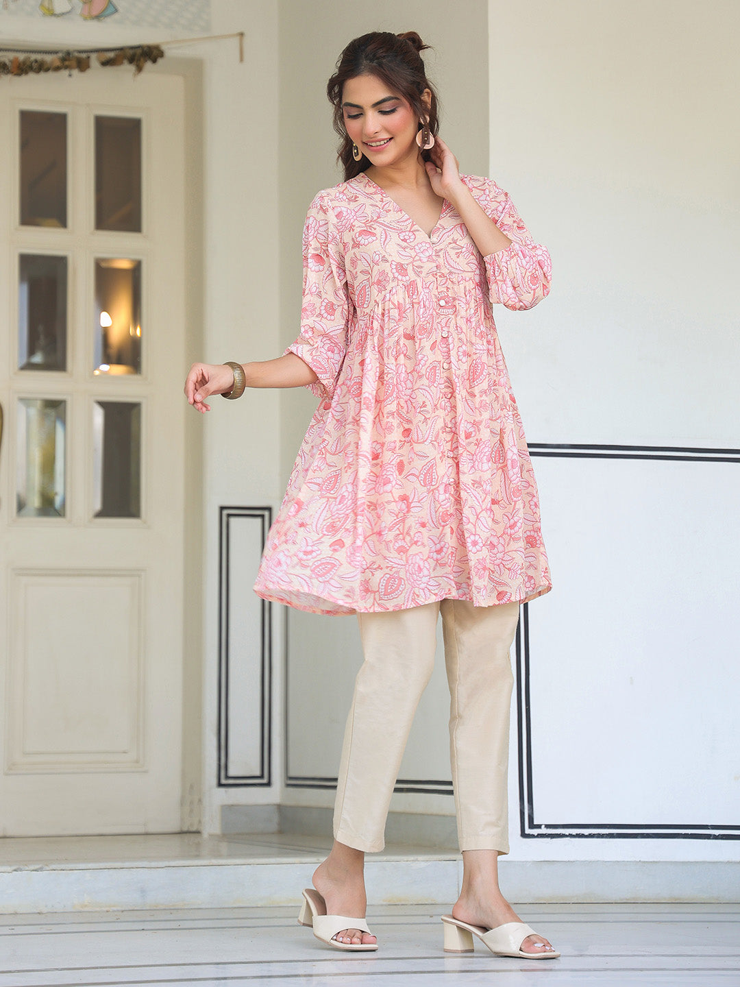 Janasya Light Georgette Floral Gathering Tunic | Swadesiicart