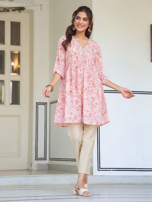 Janasya Light Georgette Floral Gathering Tunic | Swadesiicart