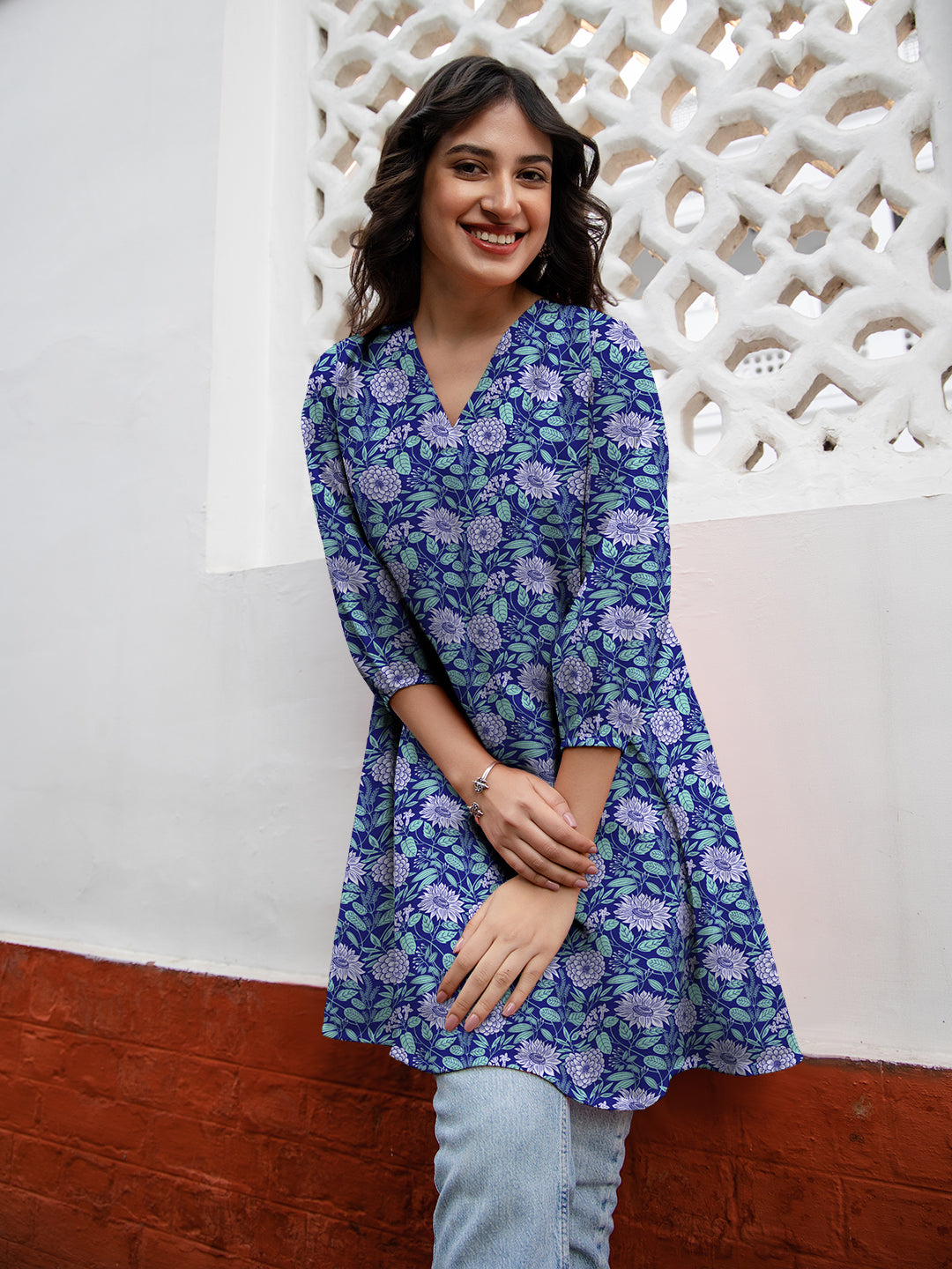 Janasya Dark Georgette Floral A-Line Tunic | Swadesiicart