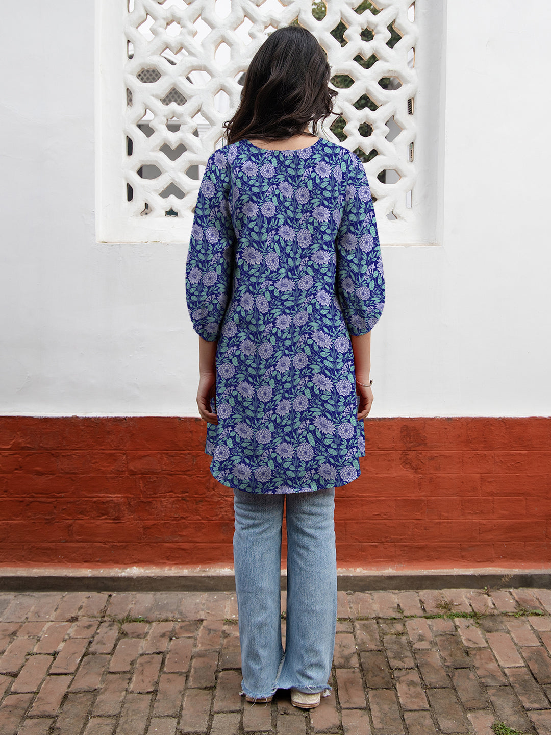 Janasya Dark Georgette Floral A-Line Tunic | Swadesiicart