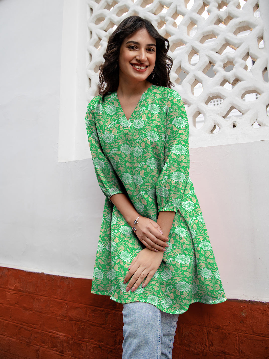 Janasya Dark Georgette Floral A-Line Tunic | Swadesiicart
