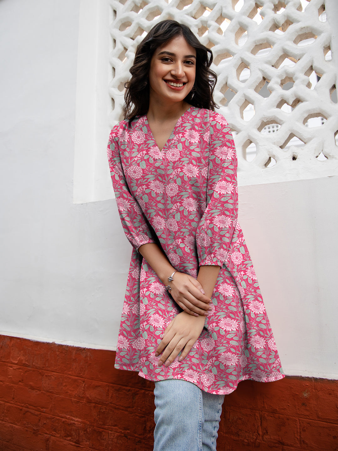 Janasya Dark Georgette Floral A-Line Tunic | Swadesiicart