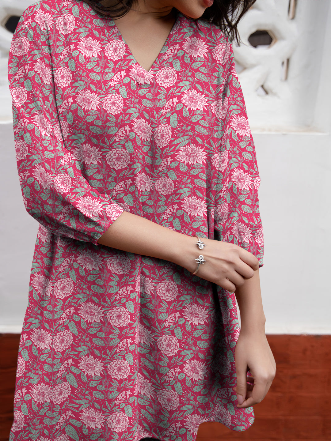 Janasya Dark Georgette Floral A-Line Tunic | Swadesiicart