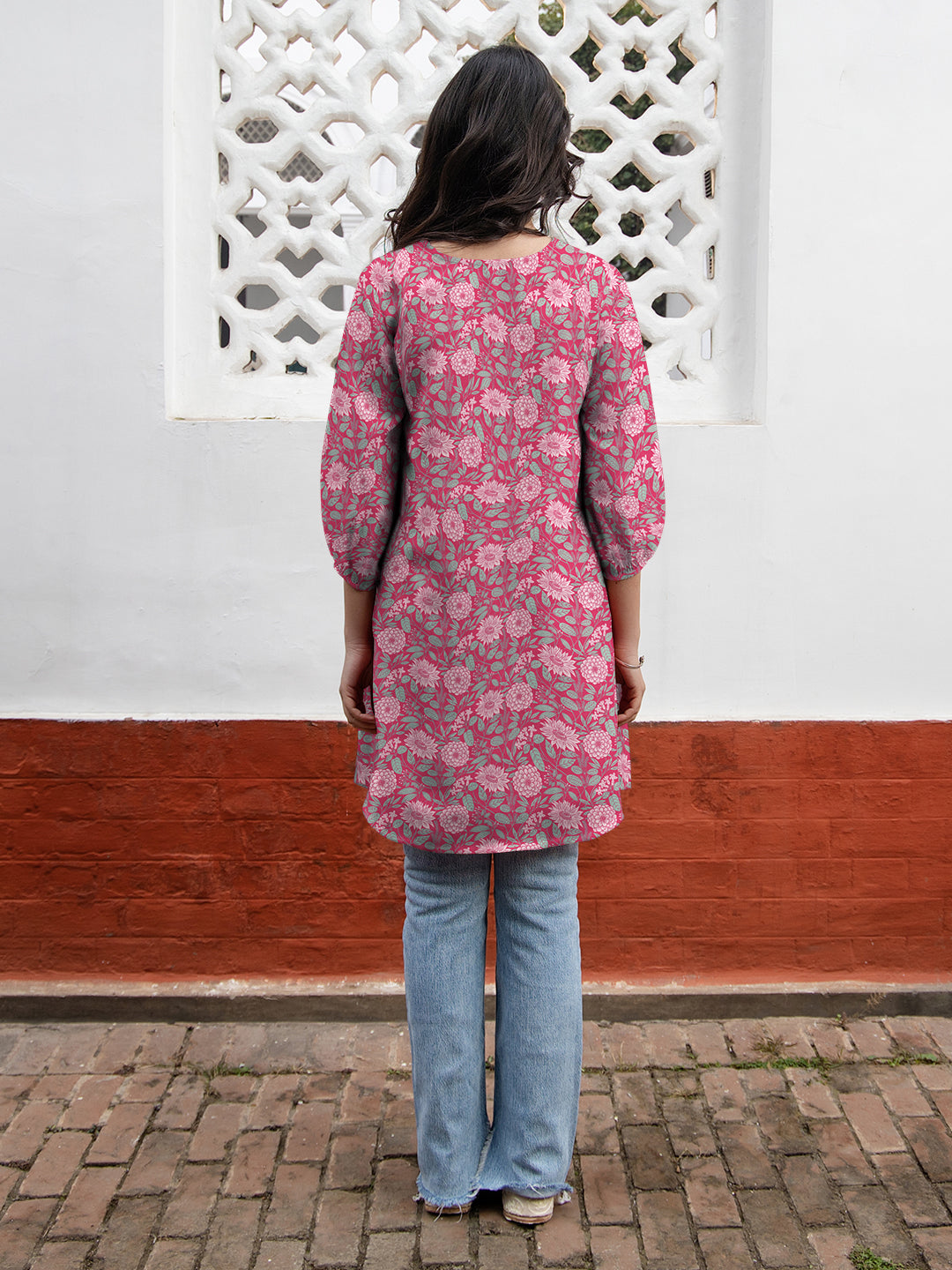 Janasya Dark Georgette Floral A-Line Tunic | Swadesiicart