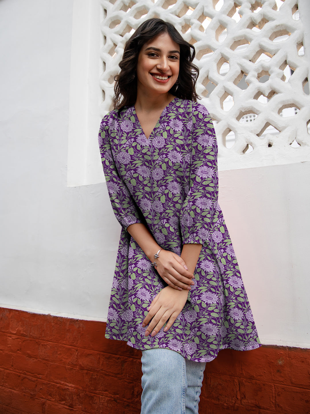 Janasya Dark Georgette Floral A-Line Tunic | Swadesiicart