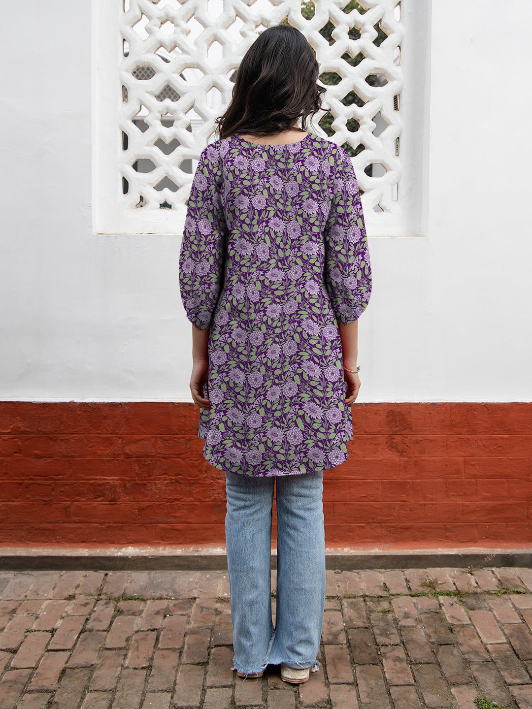 Janasya Dark Georgette Floral A-Line Tunic | Swadesiicart