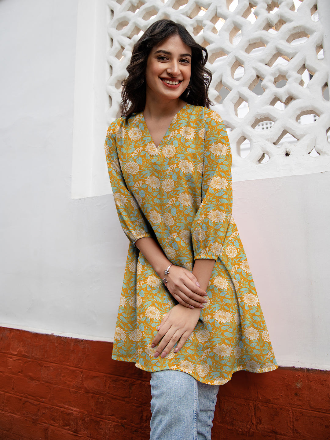 Janasya Dark Georgette Floral A-Line Tunic | Swadesiicart