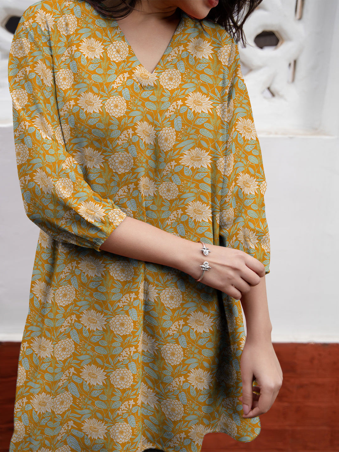 Janasya Dark Georgette Floral A-Line Tunic | Swadesiicart