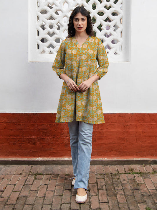Janasya Dark Georgette Floral A-Line Tunic | Swadesiicart