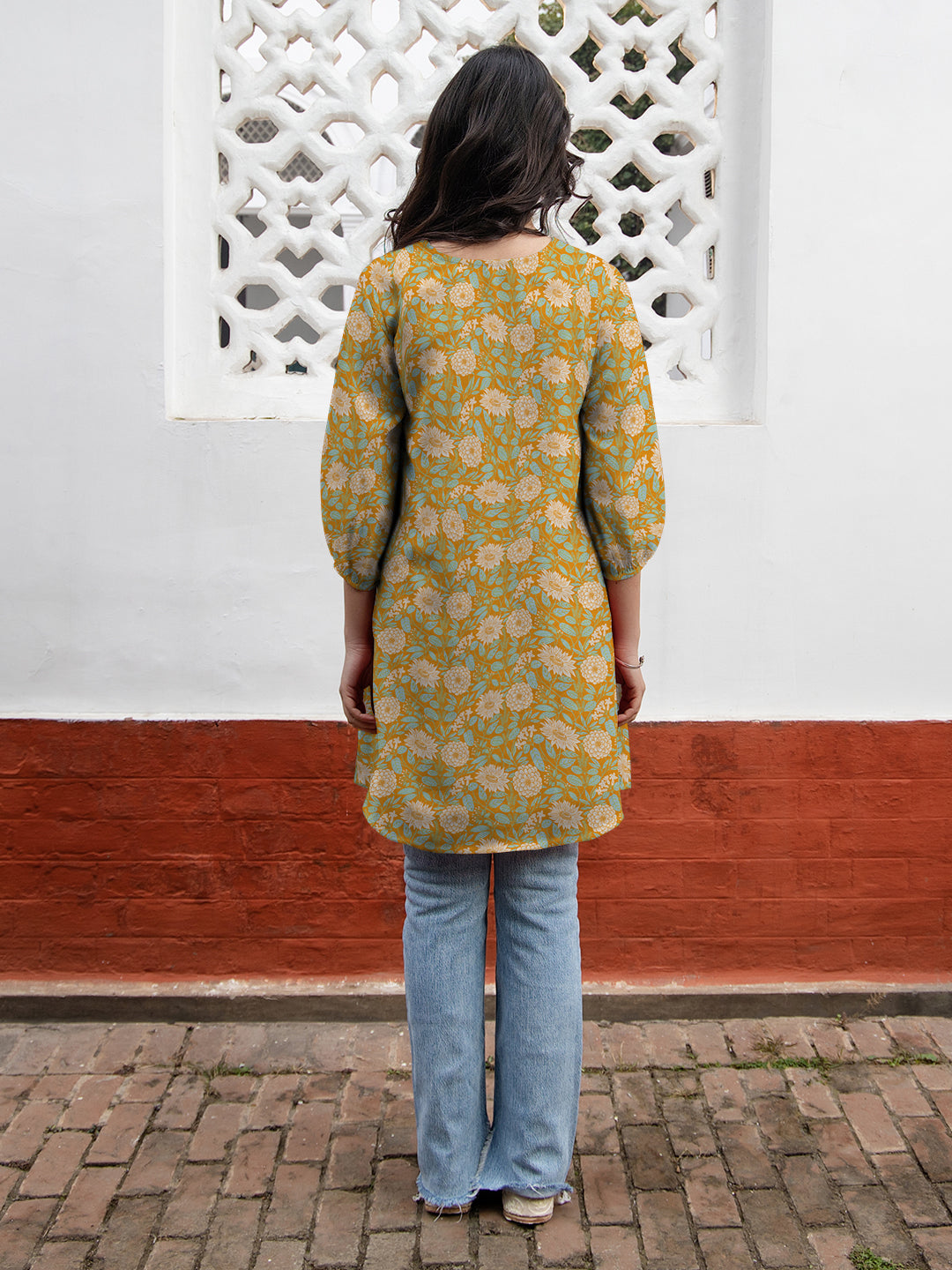Janasya Dark Georgette Floral A-Line Tunic | Swadesiicart