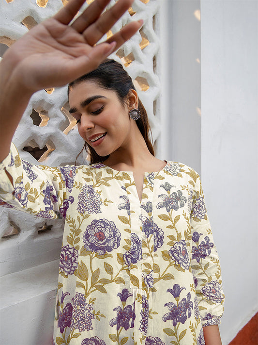 Janasya Light Cotton Floral A-Line Tunic | Swadesiicart