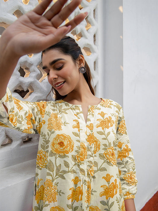 Janasya Light Cotton Floral A-Line Tunic | Swadesiicart