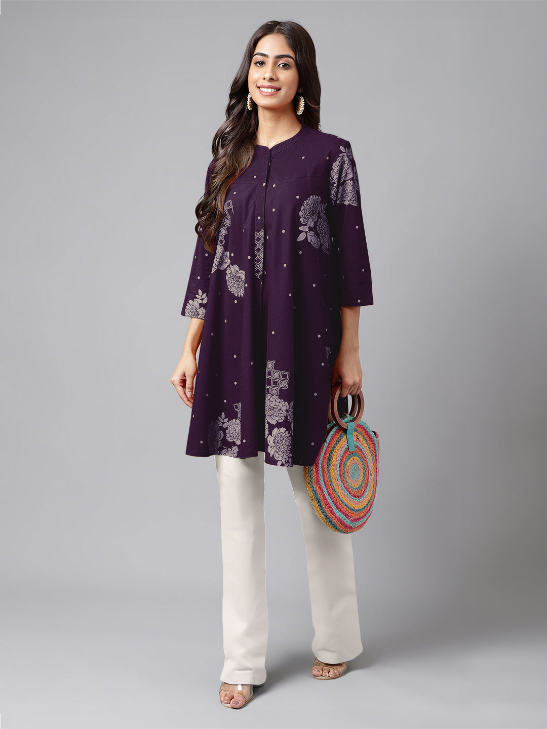 Janasya Bright Cotton Floral A-Line Tunic | Swadesiicart