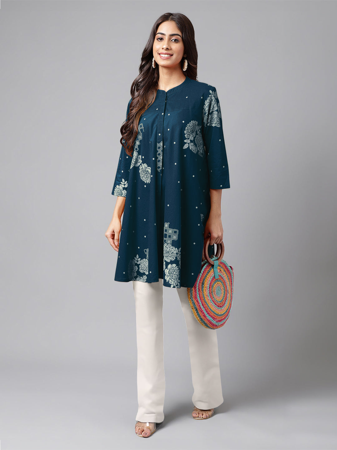 Janasya Bright Cotton Floral Flared Tunic | Swadesiicart