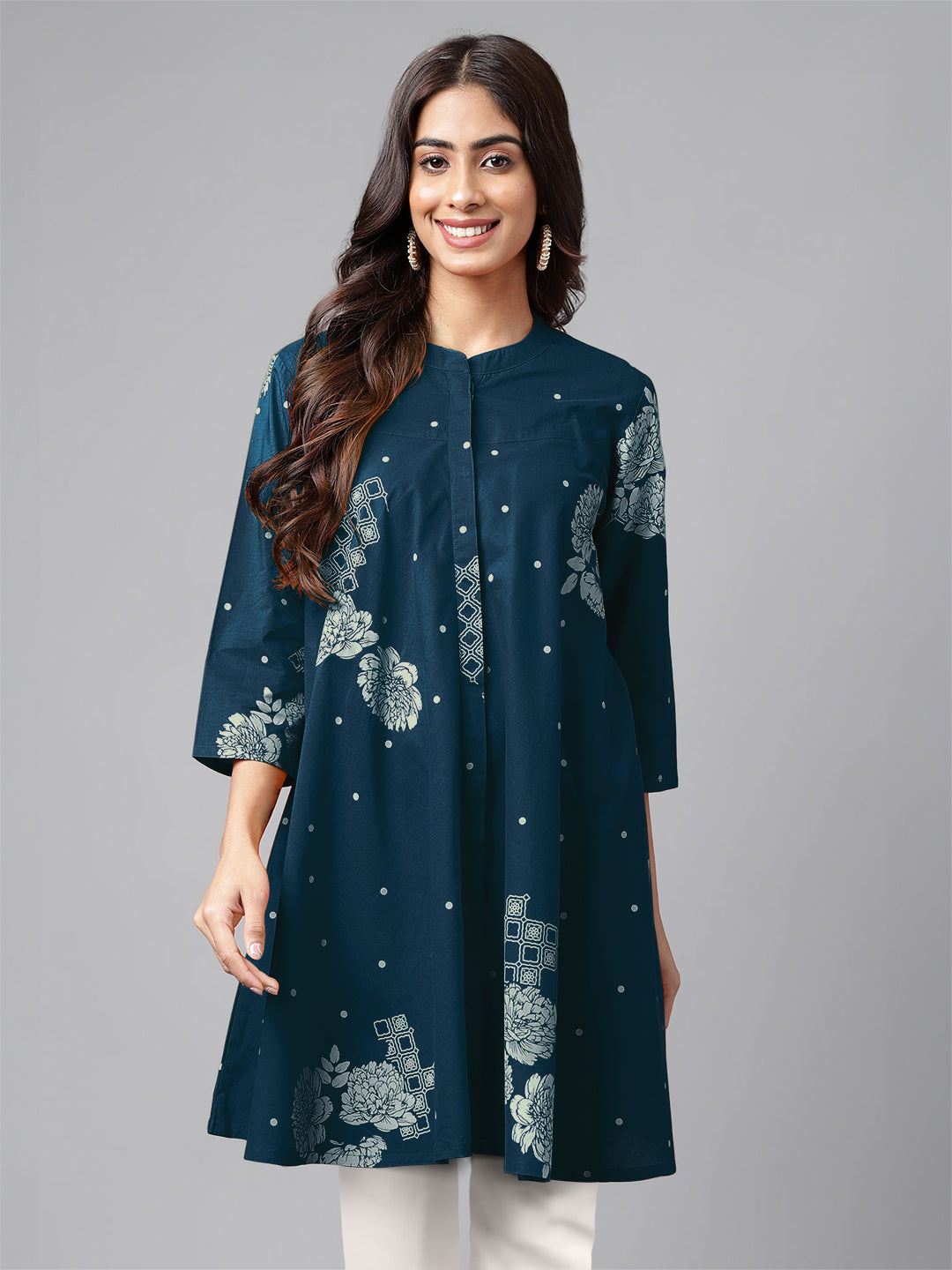Janasya Bright Cotton Floral Flared Tunic | Swadesiicart