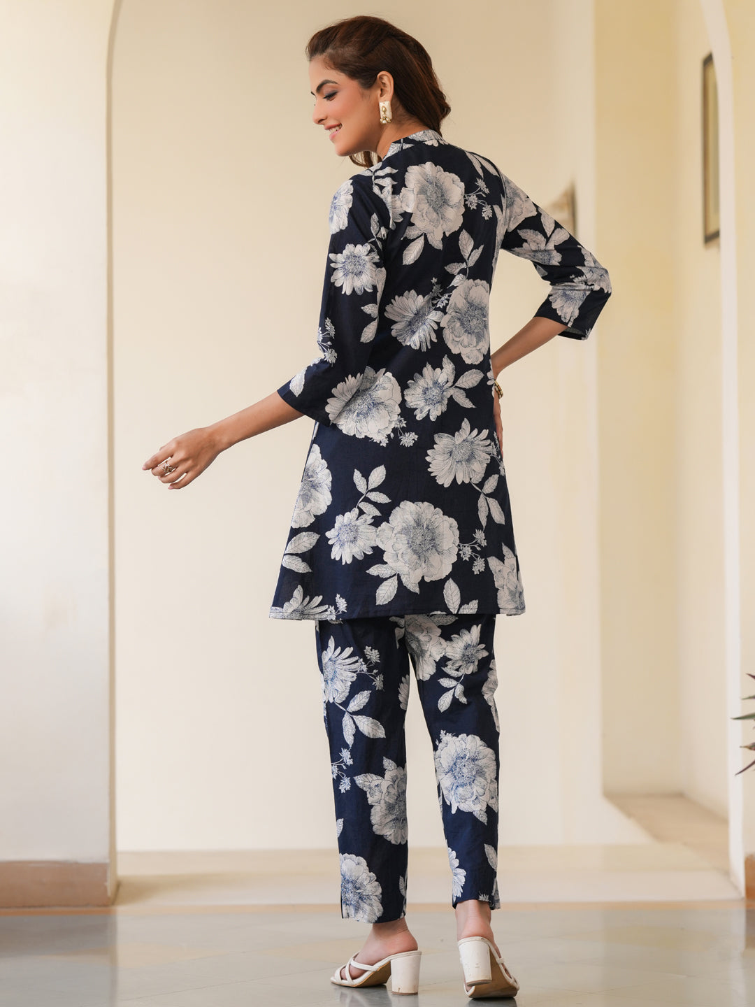 Janasya Dark Cotton Floral A-Line Top & Bottom Set | Swadesiicart
