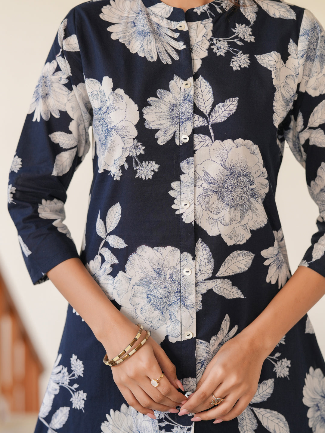 Janasya Dark Cotton Floral A-Line Top & Bottom Set | Swadesiicart