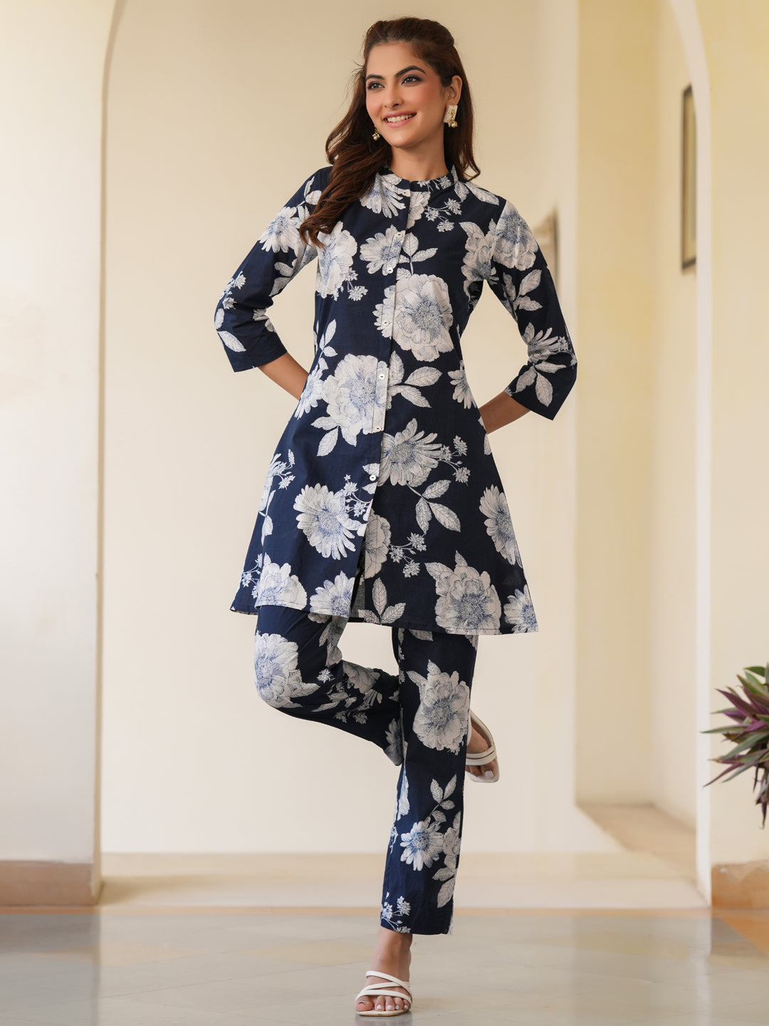 Janasya Dark Cotton Floral A-Line Top & Bottom Set | Swadesiicart