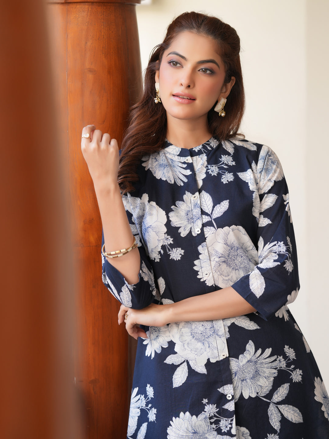 Janasya Dark Cotton Floral A-Line Top & Bottom Set | Swadesiicart