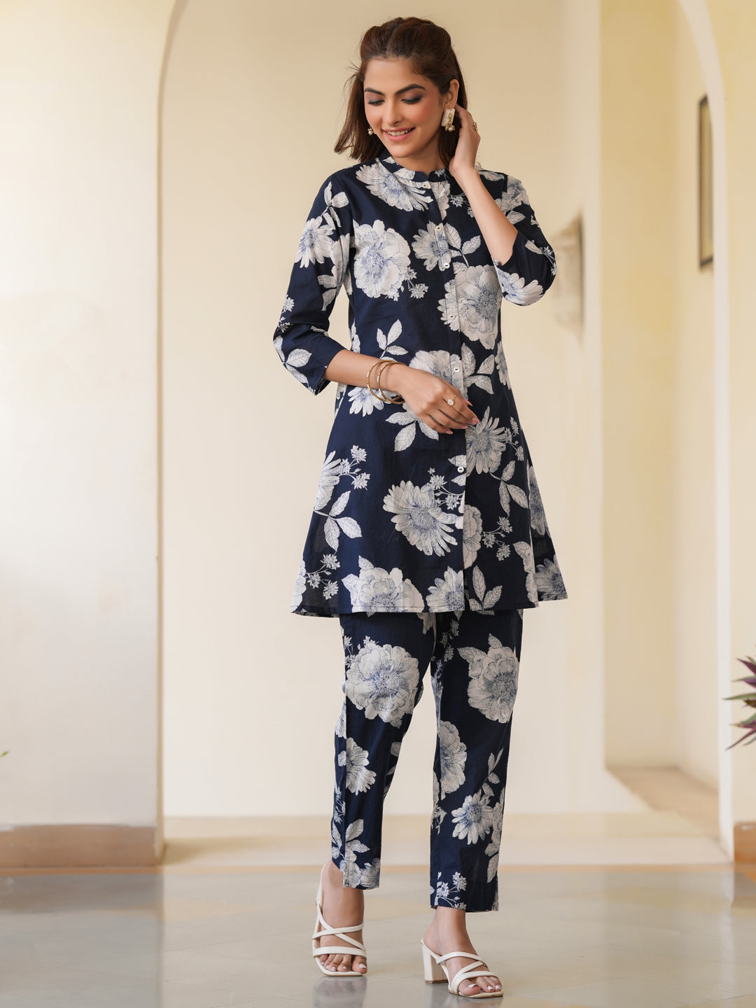 Janasya Dark Cotton Floral A-Line Top & Bottom Set | Swadesiicart