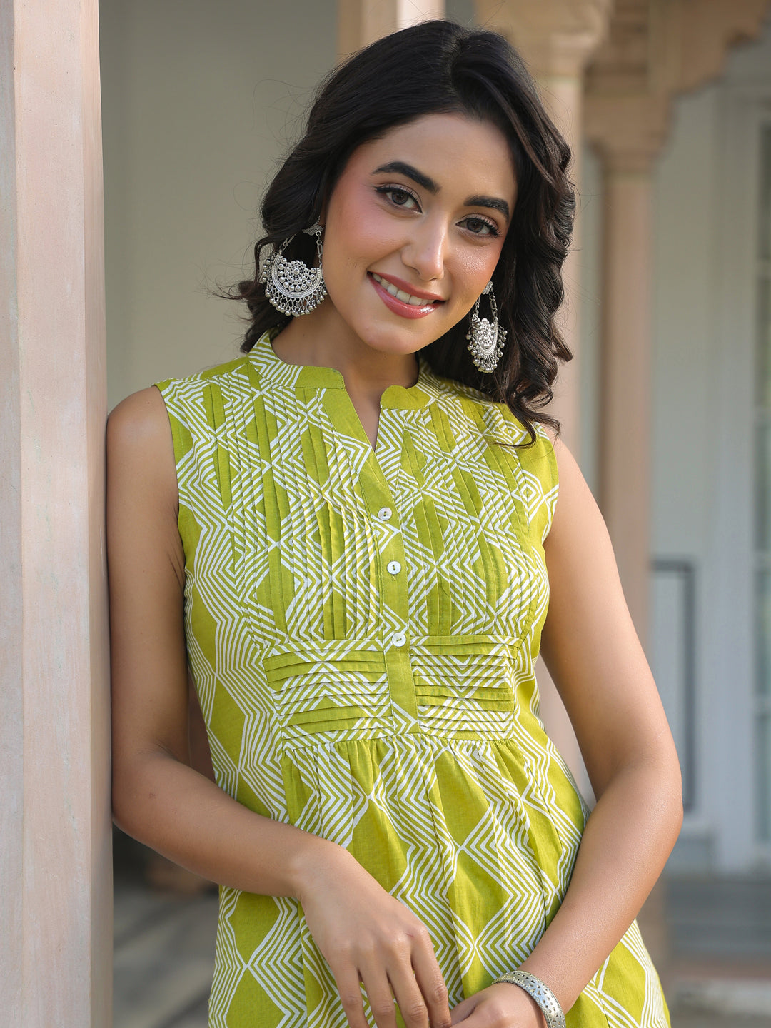 Janasya Bright Cotton Geometric A-Line Kurta Set | Swadesiicart