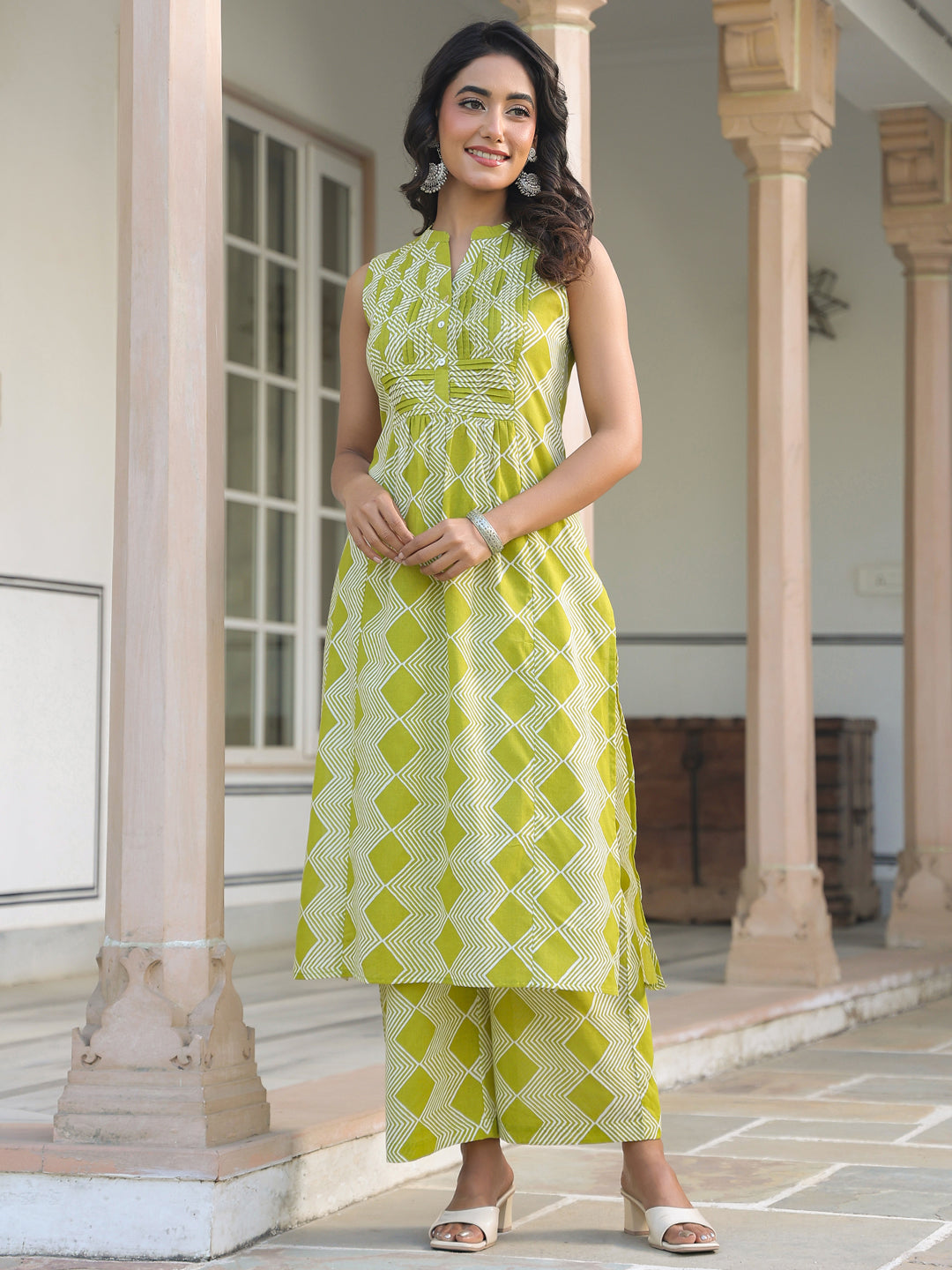 Janasya Bright Cotton Geometric A-Line Kurta Set | Swadesiicart
