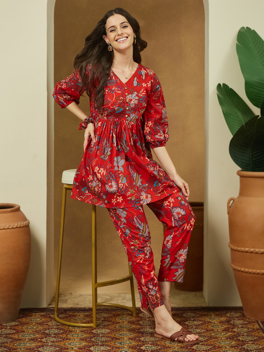 Janasya Bright Cotton Floral Peplum Top & Bottom Set | Swadesiicart