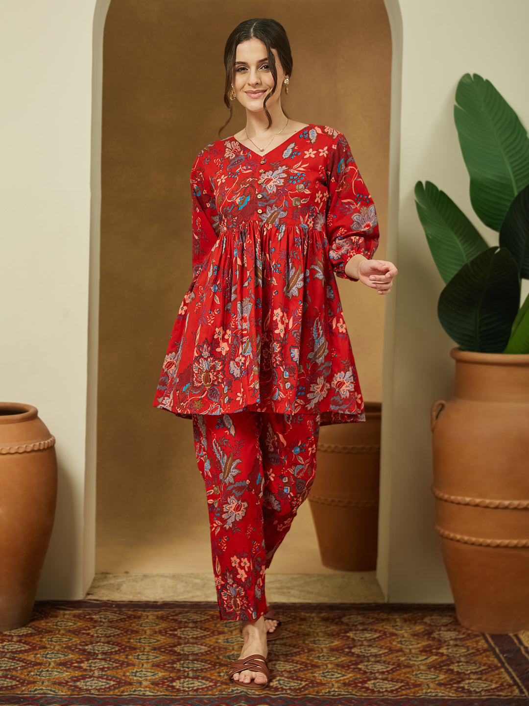 Janasya Bright Cotton Floral Peplum Top & Bottom Set | Swadesiicart