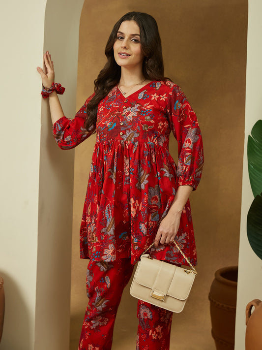 Janasya Bright Cotton Floral Peplum Top & Bottom Set | Swadesiicart