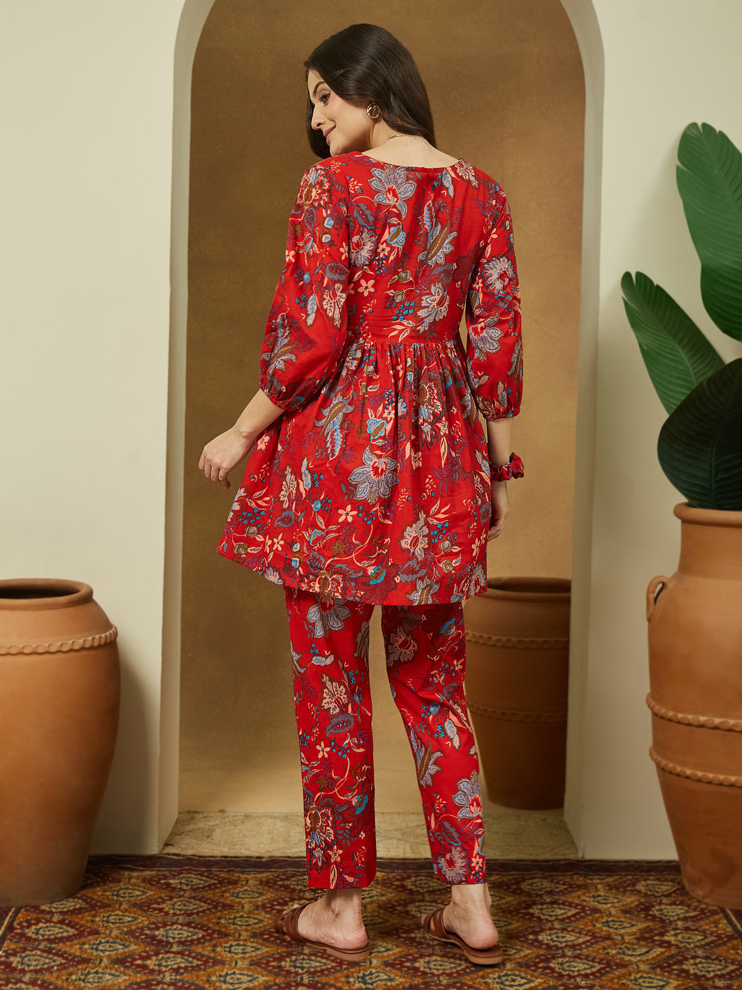 Janasya Bright Cotton Floral Peplum Top & Bottom Set | Swadesiicart