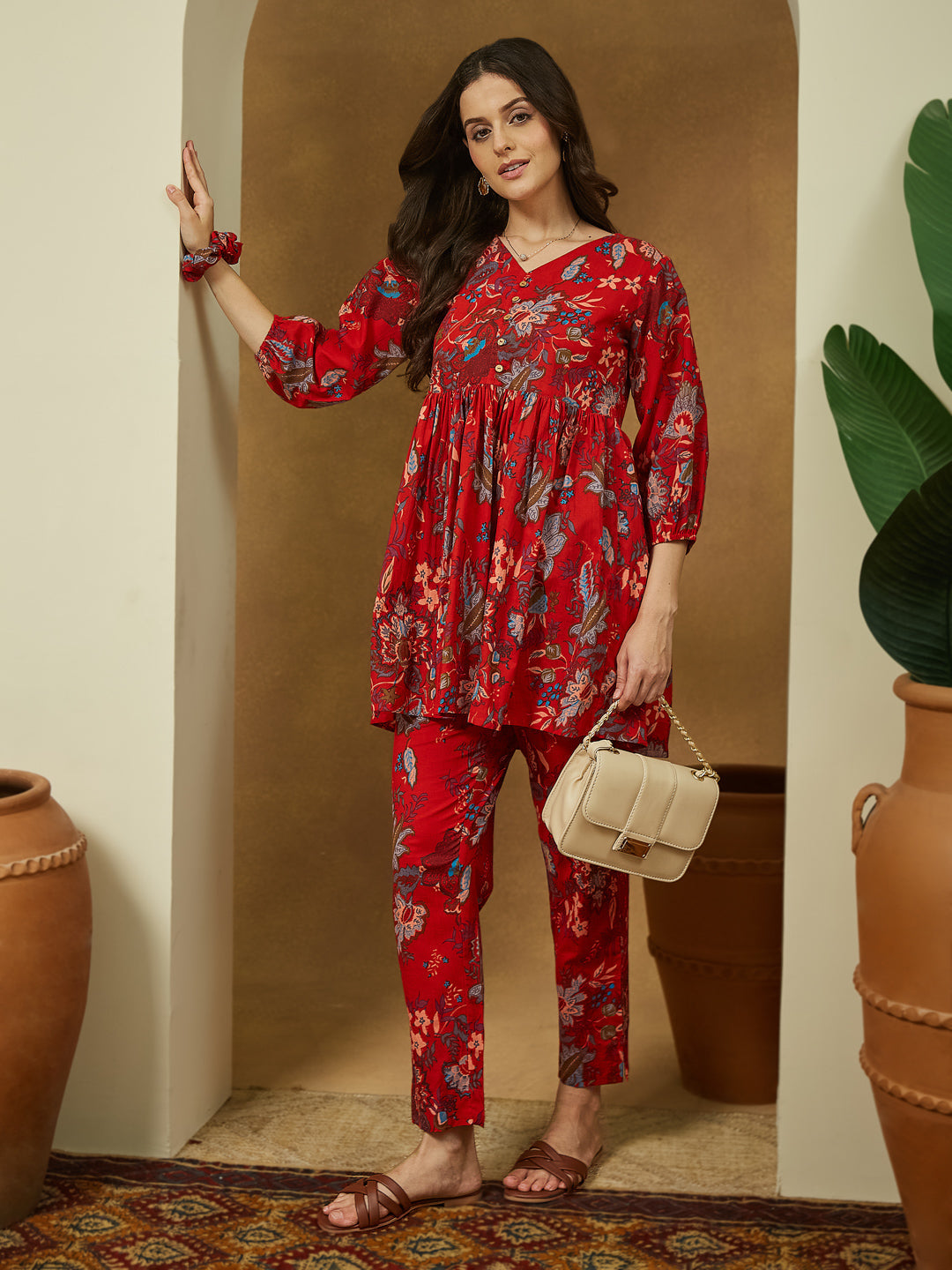 Janasya Bright Cotton Floral Peplum Top & Bottom Set | Swadesiicart