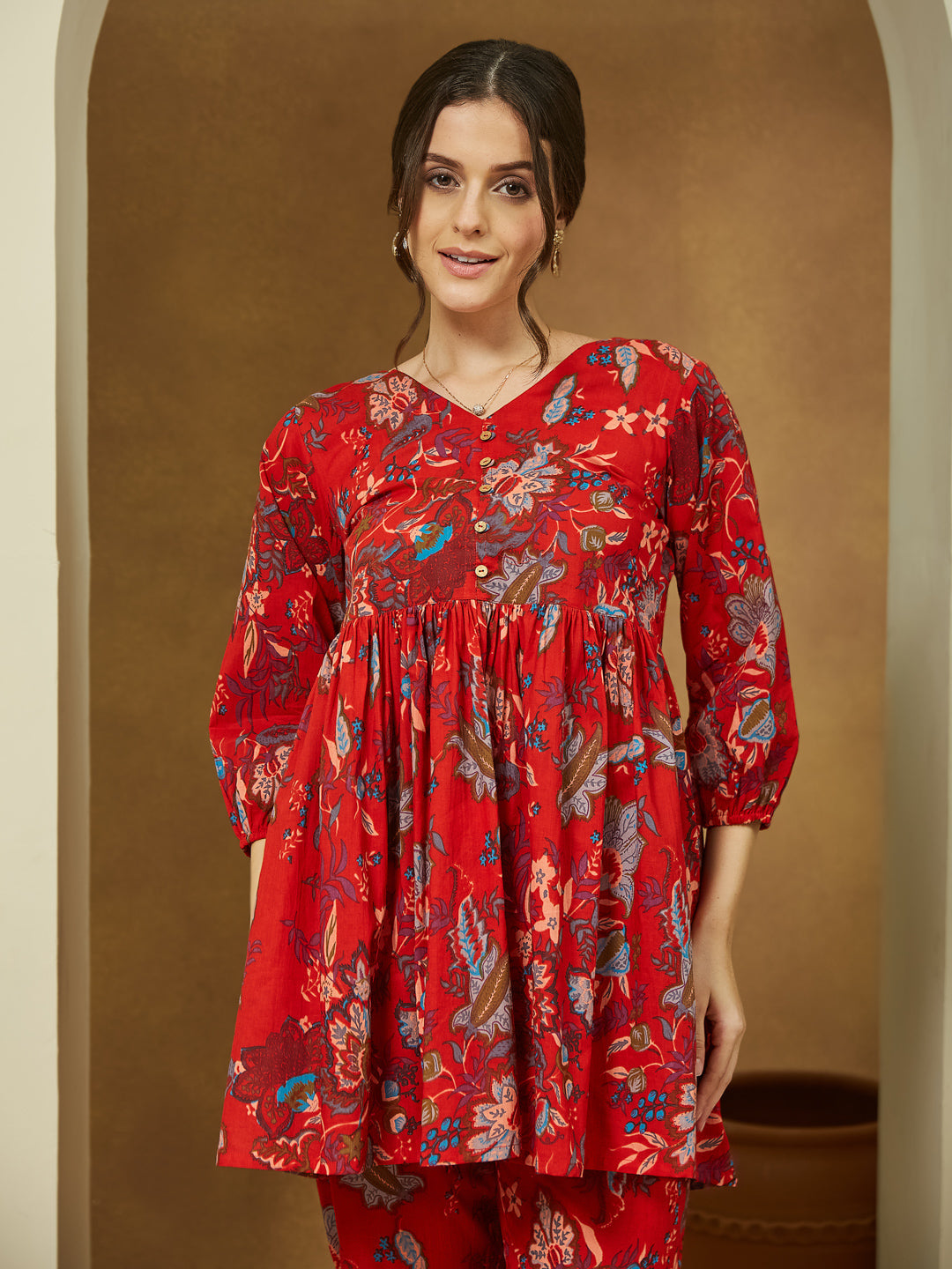 Janasya Bright Cotton Floral Peplum Top & Bottom Set | Swadesiicart