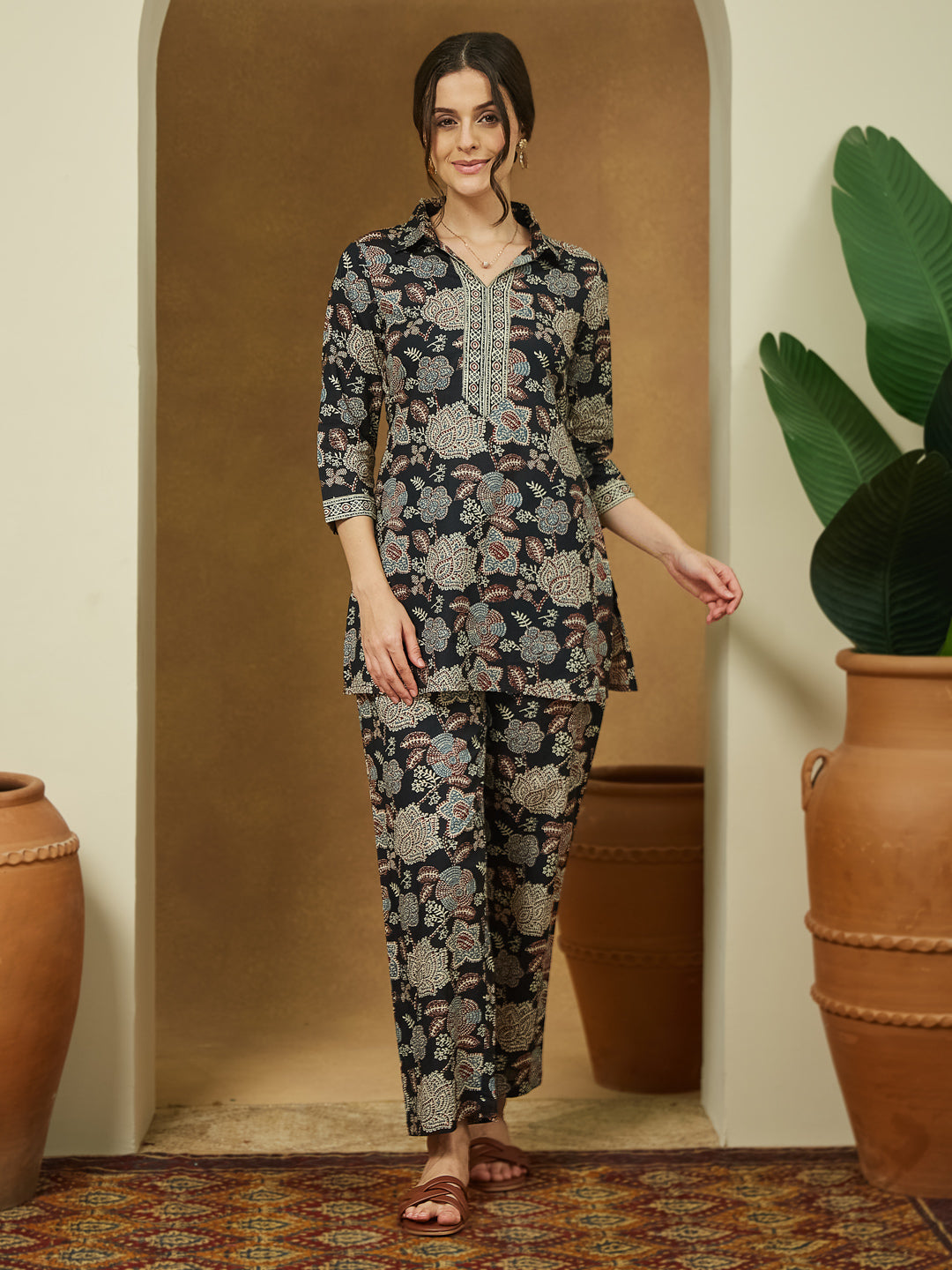 Janasya Dark Cotton Floral Straight Top & Bottom Set | Swadesiicart
