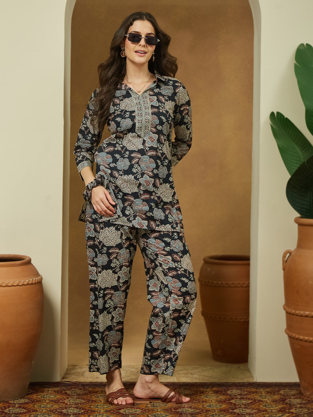 Janasya Dark Cotton Floral Straight Top & Bottom Set | Swadesiicart
