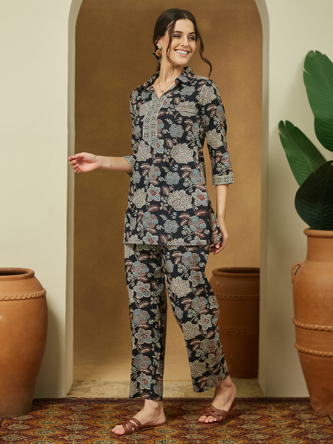 Janasya Dark Cotton Floral Straight Top & Bottom Set | Swadesiicart