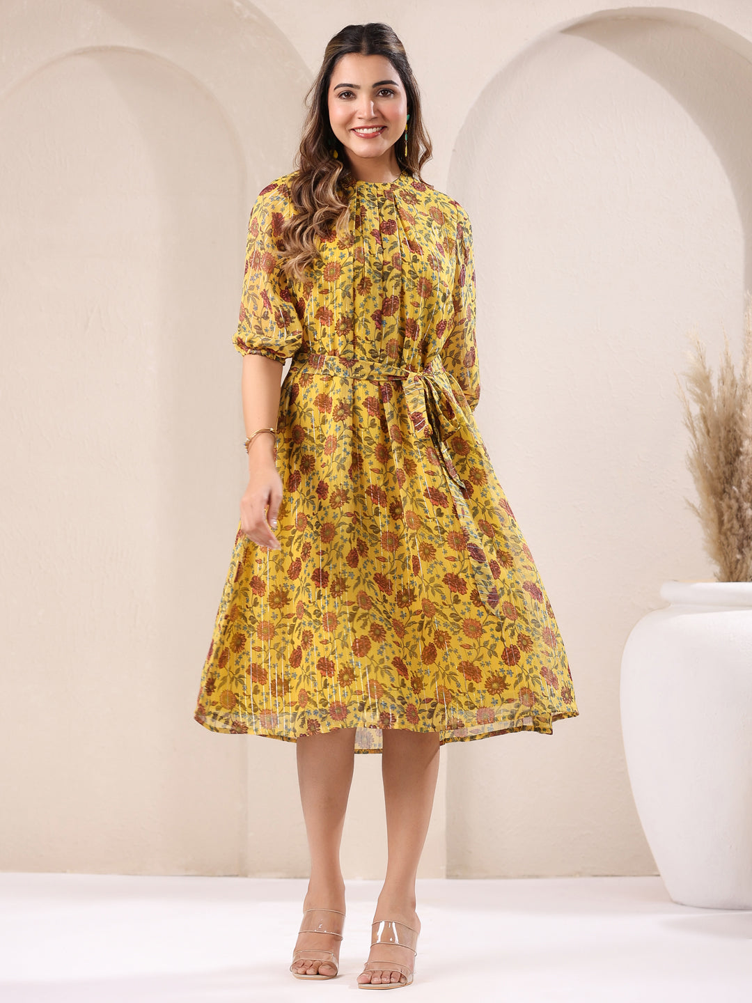 Janasya Bright Georgette Floral A-Line Dress | Swadesiicart