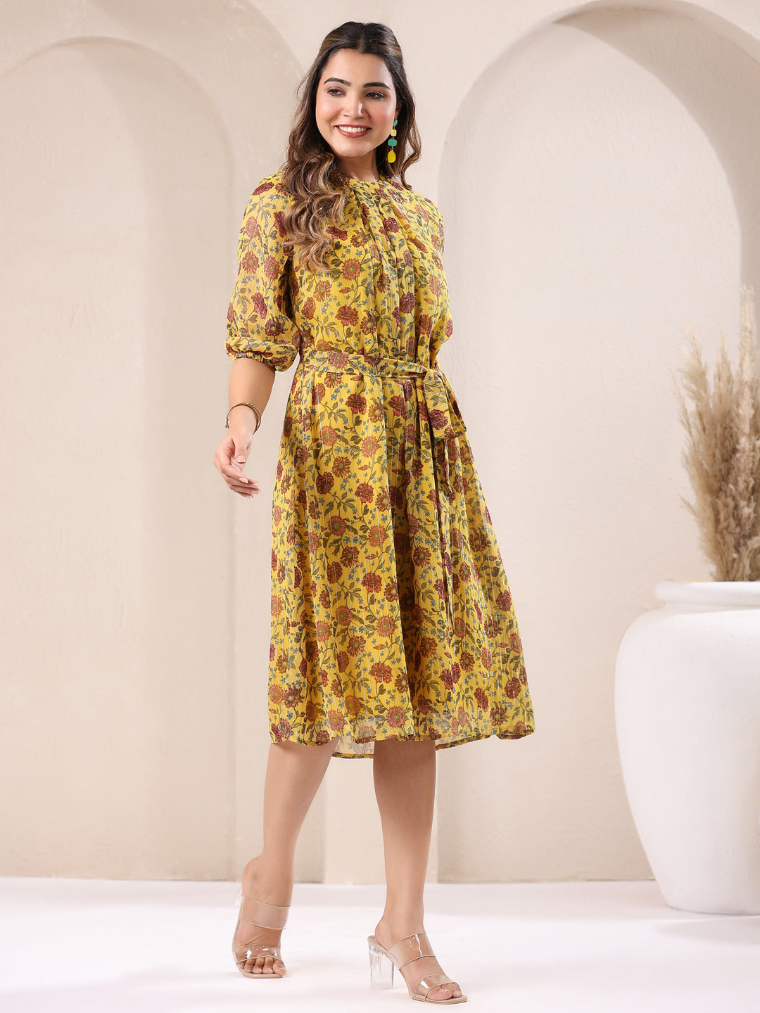 Janasya Bright Georgette Floral A-Line Dress | Swadesiicart