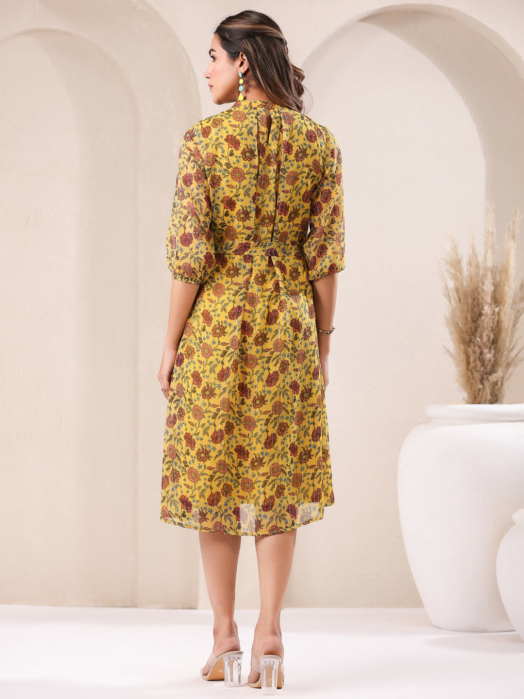 Janasya Bright Georgette Floral A-Line Dress | Swadesiicart
