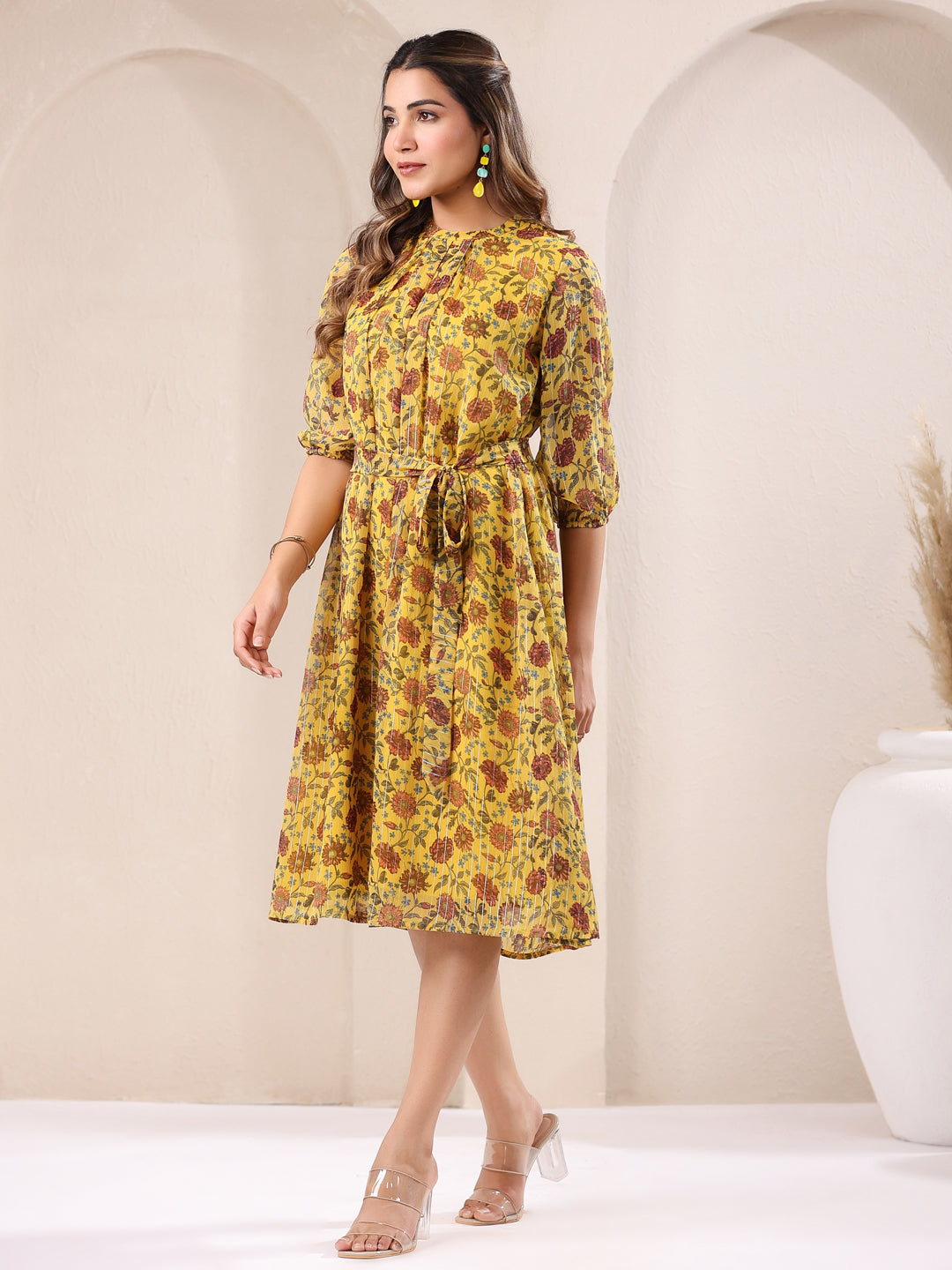 Janasya Bright Georgette Floral A-Line Dress | Swadesiicart