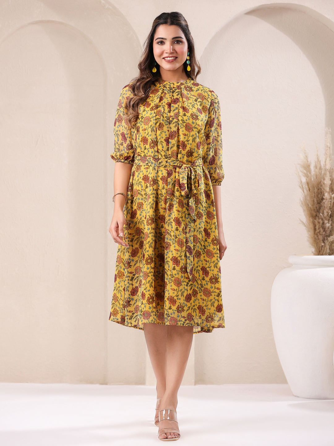 Janasya Bright Georgette Floral A-Line Dress | Swadesiicart
