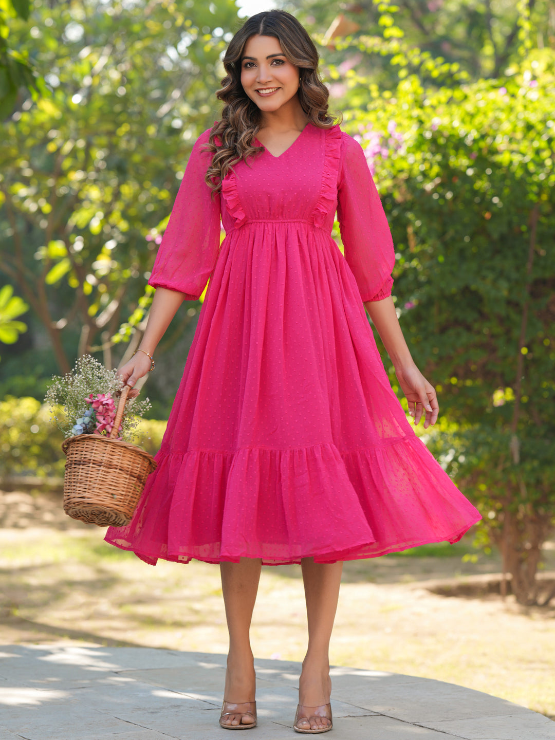 Janasya Bright Dobby Chiffon Self Design Fit & Flare Dress | Swadesiicart