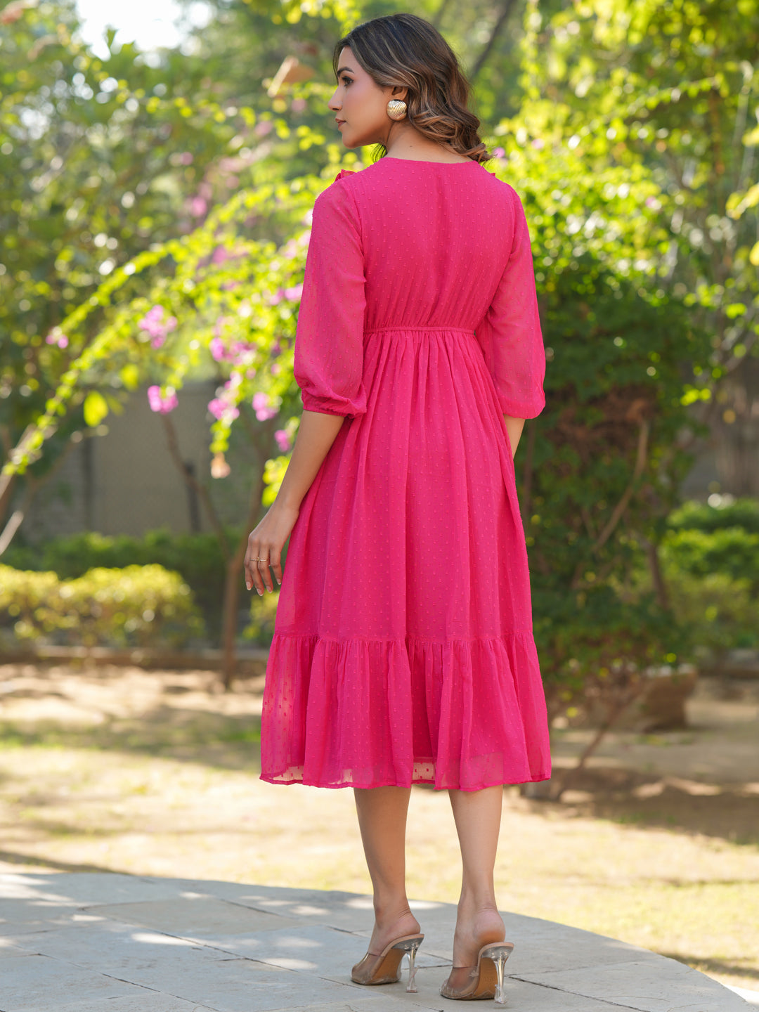 Janasya Bright Dobby Chiffon Self Design Fit & Flare Dress | Swadesiicart